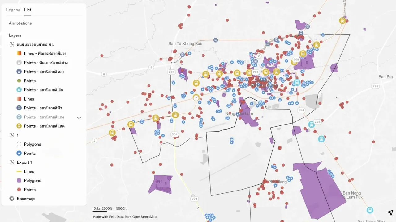 หน้าจอแผนที่ชั้นข้อมูลเมืองโคราชในโปรแกรม QGIS
